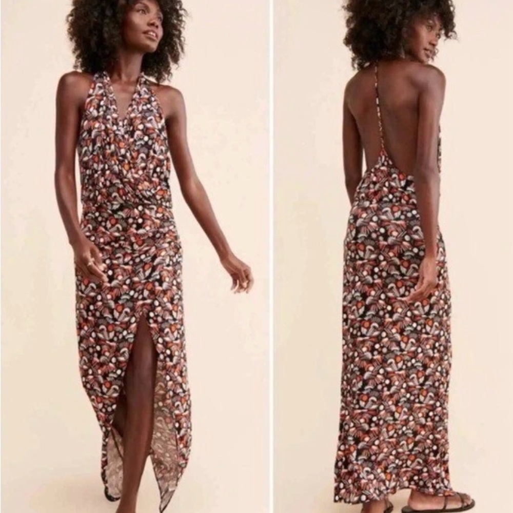 Free People Daria Halter Maxi Dress Black Orange Wrap Slit Plunge New -M